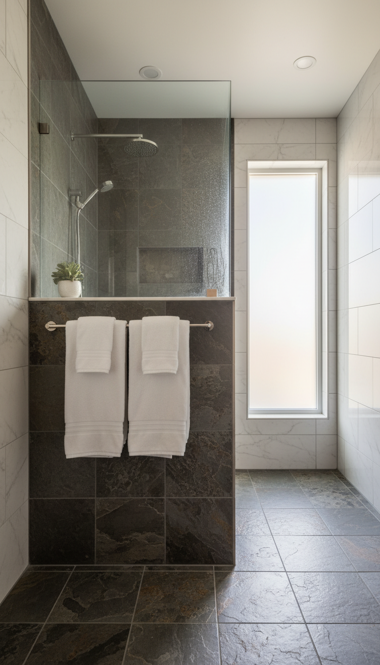 A meticulously completed residential bathroom renovation showcasing a custom glass-enclosed rainfall shower, contrasting textured slate tiles, and a recessed stainless towel holder. The environment is bright, bathed in diffused morning light through a frosted privacy window. The setting is staged with folded white towels and a touch of green from a small potted plant on a shelf. The composition is wide-angle, capturing the harmonious blend of textures and finishes, and evoking a sense of cleanliness, comfort, and fresh beginnings. The visual style is crisp, modern, and realistic, highlighting finished project craftsmanship for a plumbing services showcase.