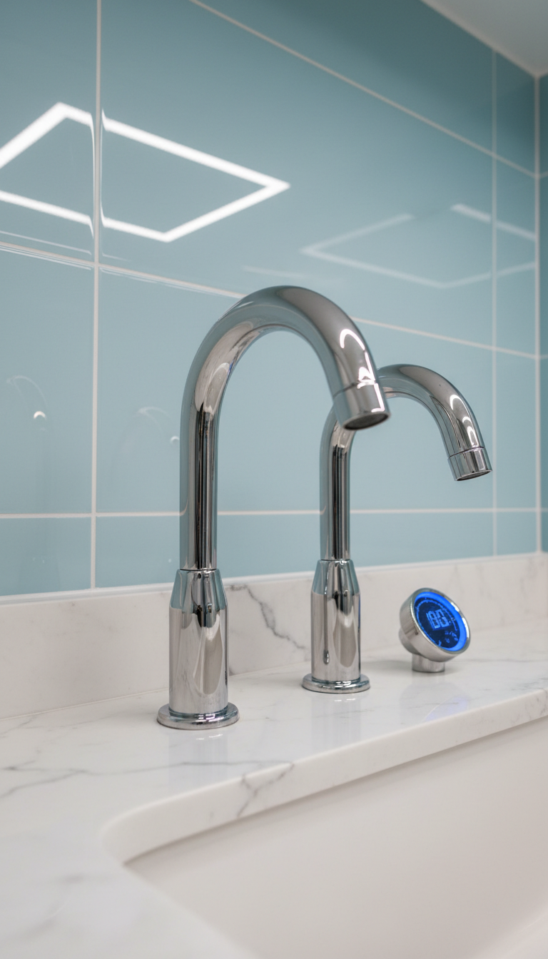 A pair of polished, newly installed stainless steel sink fixtures with elegantly curved spouts, gleaming under brilliant white LED layered ceiling lights. The fixtures sit upon a glossy, marble countertop with subtle grey veining, adjacent to a flickering blue digital water temperature gauge. Behind, there is an immaculate tiled backsplash in pale sky blue, lending a fresh, contemporary atmosphere. Close-up composition with sharp focus, centered on the fixtures, creating an inviting, sleek mood. The image is rendered in a clean and modern, high-realism style, highlighting quality plumbing craftsmanship and innovation.