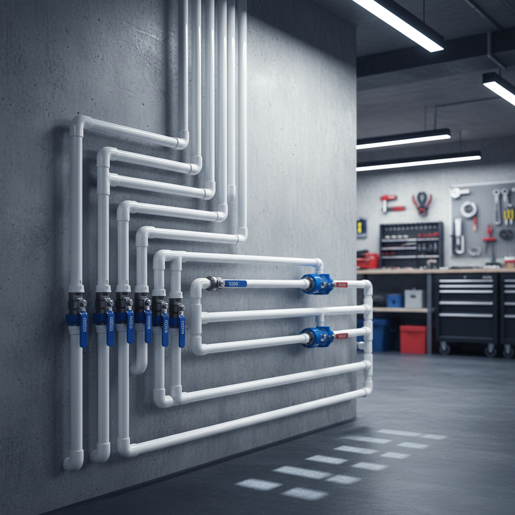 A perfectly installed network of PVC plumbing pipes, precisely aligned horizontally and vertically against an exposed brushed concrete basement wall. The pipes feature clearly labeled blue and red valve handles and seamless joint connections, with a subtle sheen from overhead workshop fluorescent lighting. The spacious setting is accented with tool storage in the background, slightly out of focus, and a shadowed floor below. The composition uses rule of thirds, emphasizing the orderliness and skillful execution of the piping system. The scene communicates efficiency, reliability, and modern professionalism, expressed through photographic realism and a minimalist industrial feel.